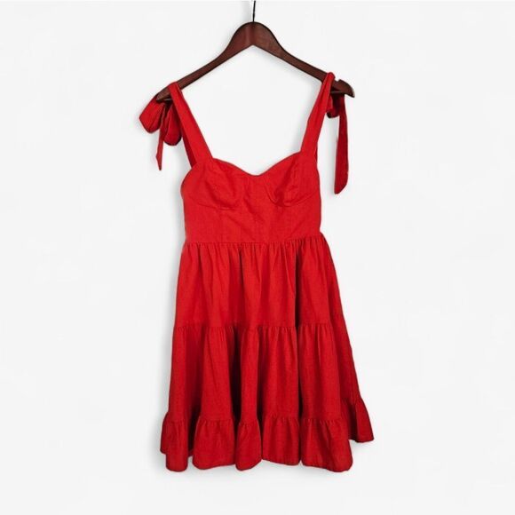 Lulu's Tier-ly Delightful Linen Blend Red Tie-Strap Tiered Bustier Mini Dress S - Picture 5 of 12